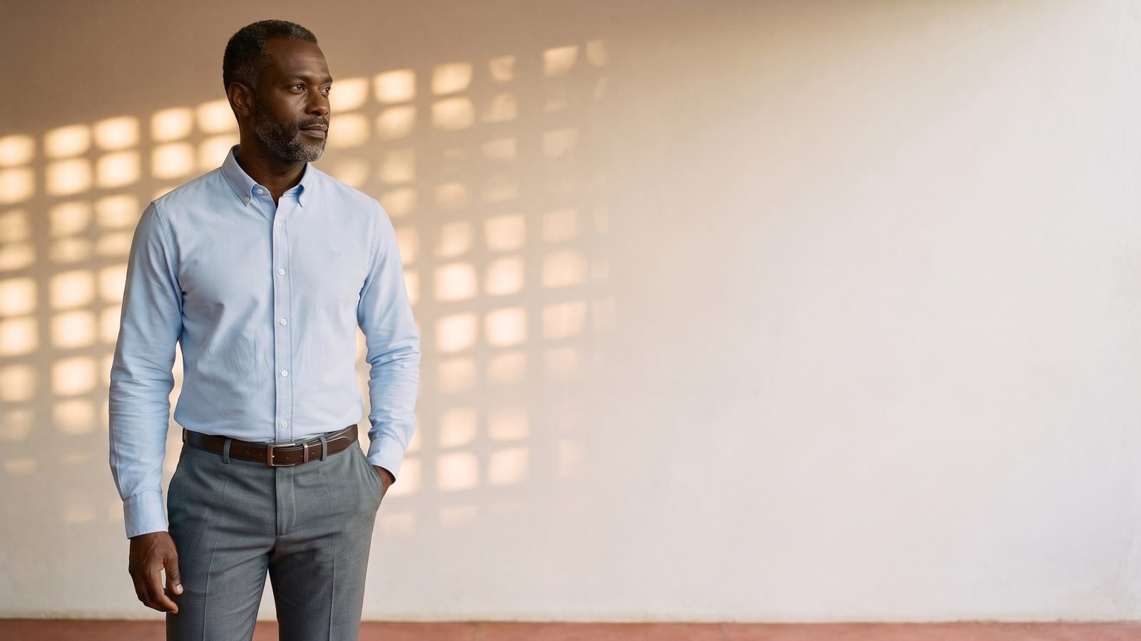 Homem de camisa oxford azul-claro e calça de alfaiataria cinza diante de uma parede clara com a luz do cobogó, piso de cimento queimado vermelho.