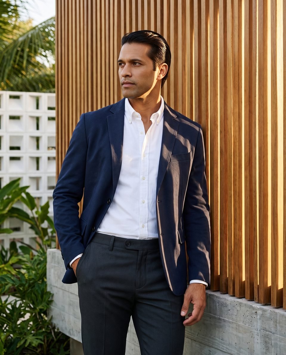 Homem de blazer desestruturado marinho, camisa oxford branca e calça chumbo, encostado num painel de ripas de madeira ao sol de fim de tarde.
