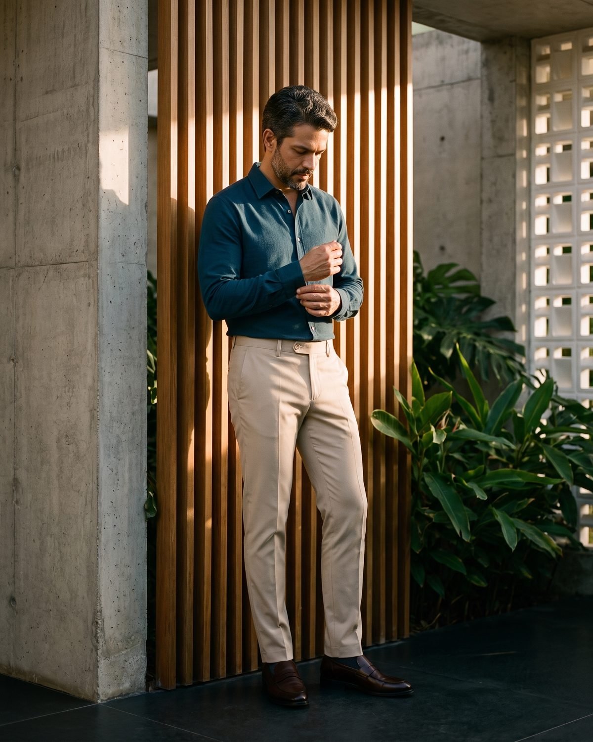 Homem de camisa azul petróleo e calça areia ajustando o punho, encostado num painel de ripas de madeira.