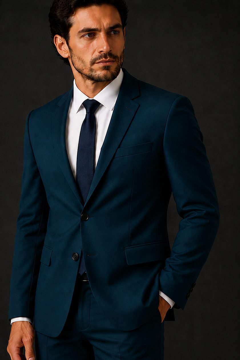 Costume azul petróleo com camisa branca e gravata marinho; três quartos.