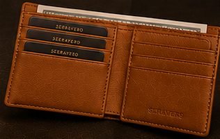 Carteira Slim Couro na cor caramelo, interior aberto com compartimentos para cartões e cédulas