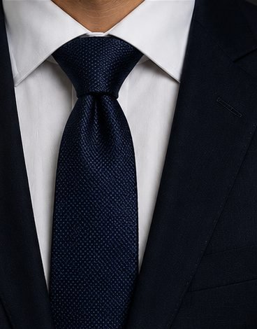 Gravata Seda Texturizada na cor marinho, em uso (com camisa e paletó)