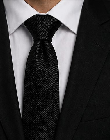 Gravata Seda Texturizada na cor preto, em uso (com camisa e paletó)