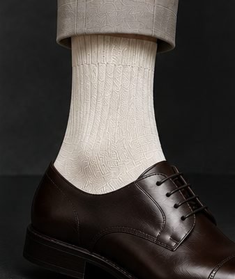 Meia Casual Premium na cor off-white, cano da meia canelada sobre o sapato