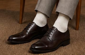Meia Casual Premium na cor off-white, meias calçadas com sapatos de couro, vista do conjunto