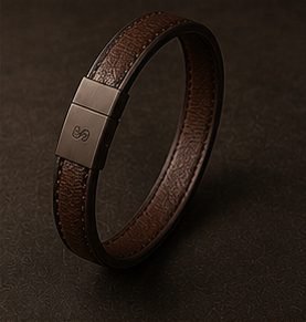 Pulseira Couro Minimal na cor café, pulseira em pé com fecho metálico