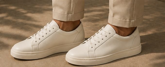 Tênis Couro Minimal na cor off-white, em uso (pés)